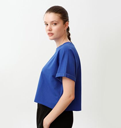 Nors Oversize Crop Kadın T-shirt Saks Mavi