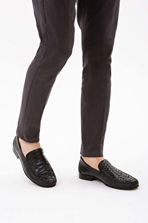 Tamer Tanca Erkek Hakiki Deri Siyah Yılan Loafer Ayakkabı 537 3089 ERK AYK Y22 SIYAH YLN/SYH AKD