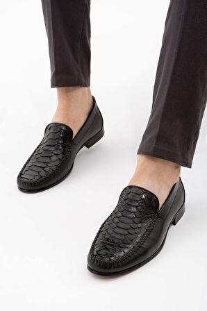 Tamer Tanca Erkek Hakiki Deri Siyah Yılan Loafer Ayakkabı 537 3089 ERK AYK Y22 SIYAH YLN/SYH AKD