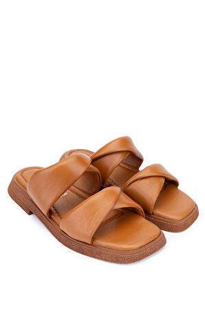 Tamer Tanca Kadın Hakiki Deri Taba Düz Terlik 878 217 BN TRLK Y23 TABA