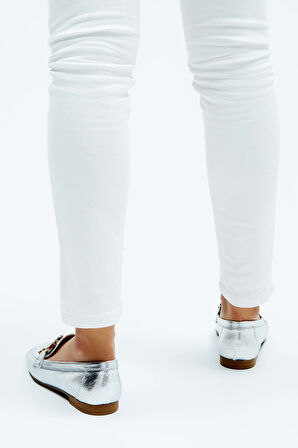 Tamer Tanca Kadın Hakiki Deri Gri Loafer Ayakkabı 961 55 BN AYK Y23 GUMUS