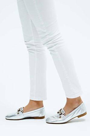 Tamer Tanca Kadın Hakiki Deri Gri Loafer Ayakkabı 961 55 BN AYK Y23 GUMUS