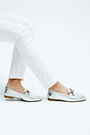 Tamer Tanca Kadın Hakiki Deri Gri Loafer Ayakkabı 961 55 BN AYK Y23 GUMUS