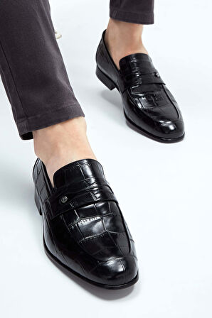 Tamer Tanca Erkek Hakiki Deri Siyah Kroko Makosen Ayakkabı 183 26201 ERK AYK Y23 SIYAH KROKO