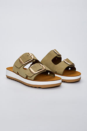 Valmenti Carella Kadın Olive\Gold Deri Düz Terlik 985 23-4405 BN TRLK Y23