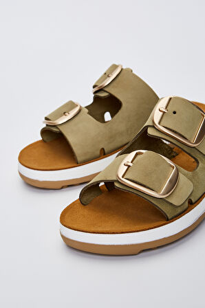 Valmenti Carella Kadın Olive\Gold Deri Düz Terlik 985 23-4405 BN TRLK Y23