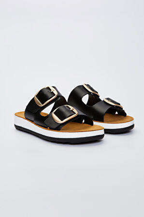 Valmenti Carella Kadın Siyah\Gold Deri Düz Terlik 985 23-4405 BN TRLK Y23