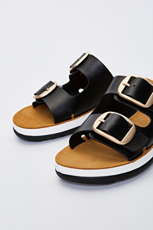 Valmenti Carella Kadın Siyah\Gold Deri Düz Terlik 985 23-4405 BN TRLK Y23