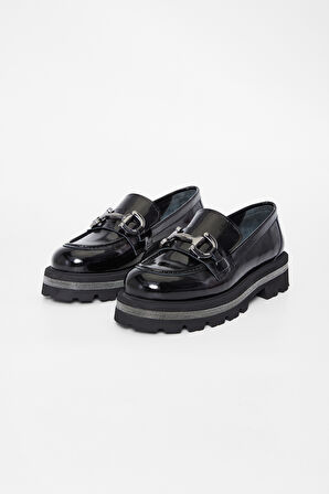 Valmenti Kadın Siyah Rugan Deri Loafer Ayakkabı 33 77501 BN AYK SK23/24