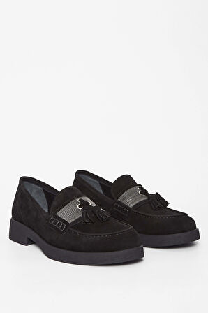 Tamer Tanca Kadın Hakiki Deri Siyah Süet Loafer Ayakkabı 33 67700 BN AYK SK23/24 SIYAH SUET