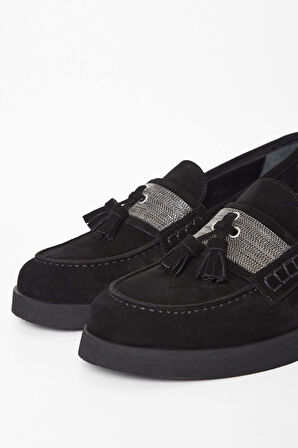 Tamer Tanca Kadın Hakiki Deri Siyah Süet Loafer Ayakkabı 33 67700 BN AYK SK23/24 SIYAH SUET