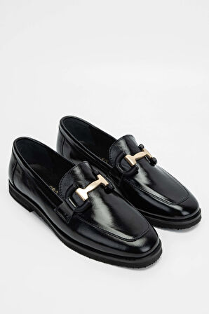 Tamer Tanca Kadın Hakiki Deri Siyah Rugan Loafer Ayakkabı 961 2301 BN AYK SK23/24 SIYAH KRSK RGN