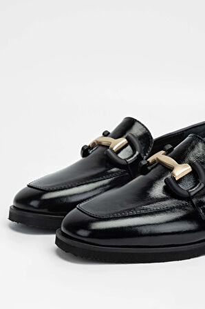 Tamer Tanca Kadın Hakiki Deri Siyah Rugan Loafer Ayakkabı 961 2301 BN AYK SK23/24 SIYAH KRSK RGN