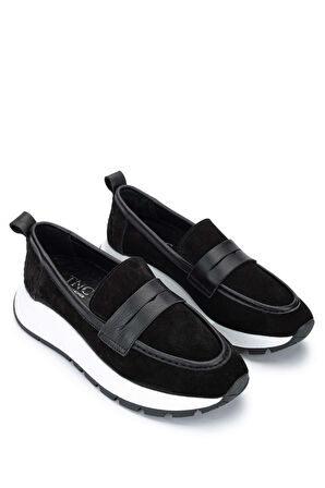 Tamer Tanca Kadın Hakiki Deri Siyah Süet Loafer Ayakkabı 231 414Y BN AYK Y24 SIYAH SUET