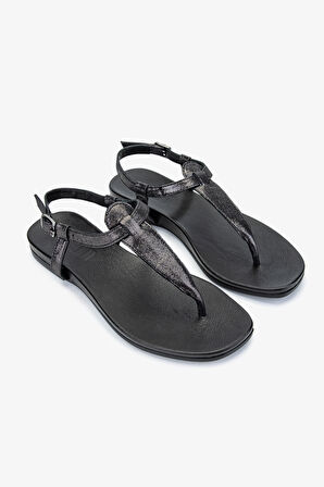 Valmenti Ola Kadın Siyah Metalik Hakiki Deri DUZ SANDALET 766 1541 BN SNDLT Y24