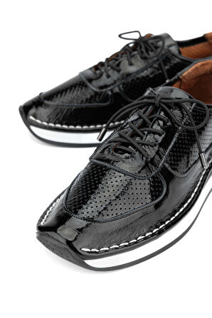 Tamer Tanca Kadın Deri Hasır Siyah Rugan Sneakers & Spor Ayakkabı 775 25503 BN AYK Y24 SIYAH KRSK RGN
