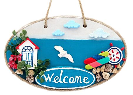 Sahil Kasabası Welcome Yazılı El Yapımı Kapı Süsü