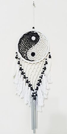 Beyaz Püsküllü Rüzgar Çanlı Beyaz Ve Siyah Renkli Boncuklu Makrome Duvar Süsü