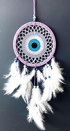 Nazar Boncuğu Motifli Lila Rengi Dream Catcher Düş Kapanı Duvar Süsü