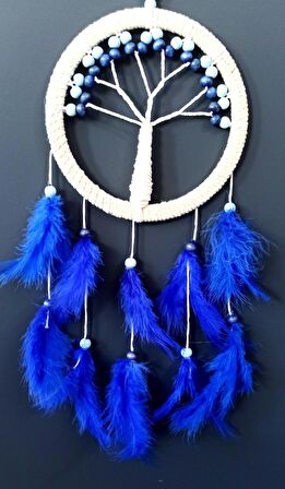 Saks Mavisi Kuş Tüylü Hayat Ağacı Dream Catcher Duvar Süsü