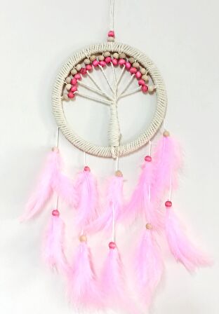 Pembe Kuş Tüylü Hayat Ağacı Dream Catcher Duvar Süsü