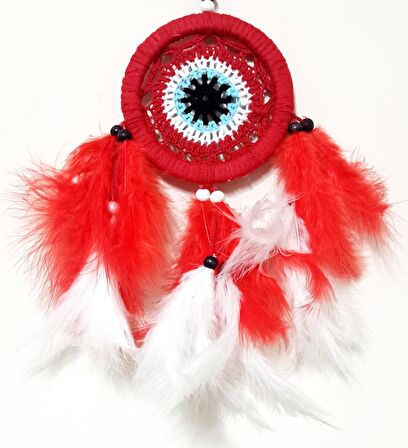 Kırmızı Ve Beyaz Kuş Tüylü Dream Catcher El Yapımı Mini Duvar Süsü