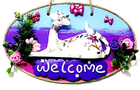 Kedi Figürlü Welcome Yazılı El Yapımı Kapı Süsü