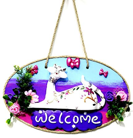 Kedi Figürlü Welcome Yazılı El Yapımı Kapı Süsü