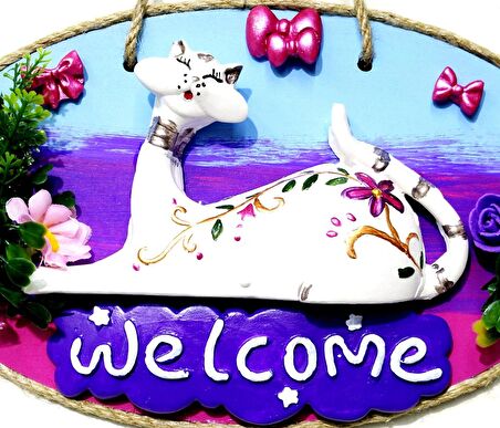 Kedi Figürlü Welcome Yazılı El Yapımı Kapı Süsü