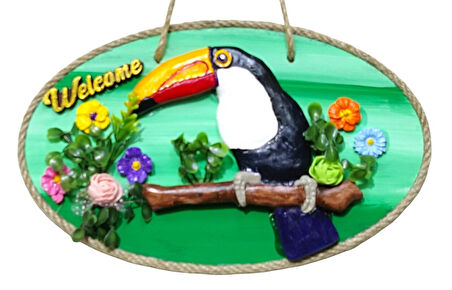 Tukan Kuşu Figürlü Welcome Yazılı Dekoratif Kapı Süsü - Renkli El Yapımı Dekor