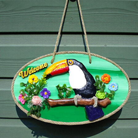 Tukan Kuşu Figürlü Welcome Yazılı Dekoratif Kapı Süsü - Renkli El Yapımı Dekor