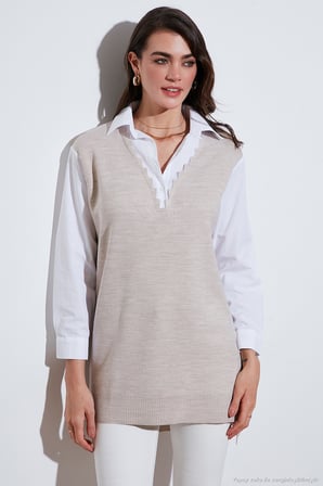 Lela Modest Standart Fit Gömlek Yaka Tesettür Triko Tunik Kadın TUNİK 4612148