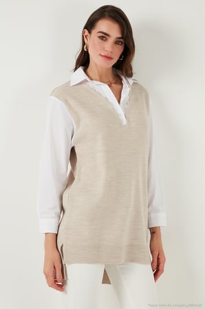 Lela Modest Standart Fit Gömlek Yaka Tesettür Triko Tunik Kadın TUNİK 4612148