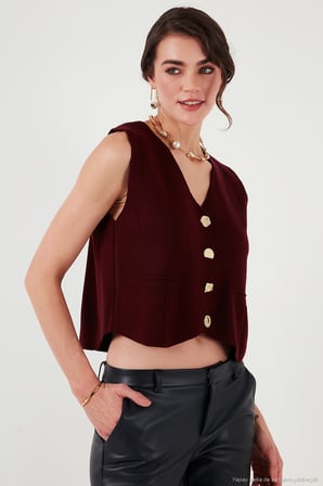 Lela Standart Fit V Yaka Düğmeli Triko Yelek Bayan YELEK 4616177 BORDO