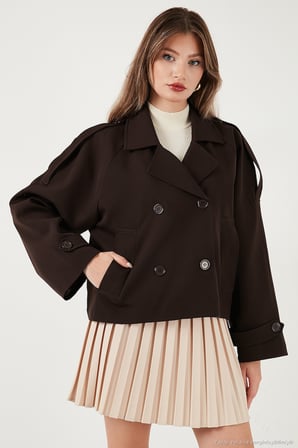 Lela Regular Fit Kruvaze Yaka Düğmeli Astarlı Kısa Trençkot Bayan TRENÇKOT 6524955
