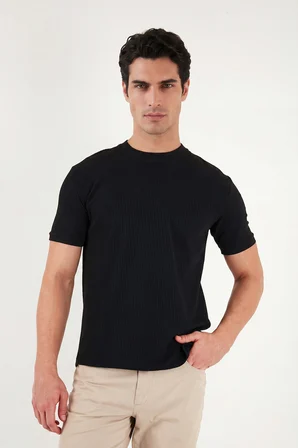 Buratti Regular Fit Çizgili Dokulu Bisiklet Yaka T Shirt Erkek T SHİRT 5904023 SİYAH