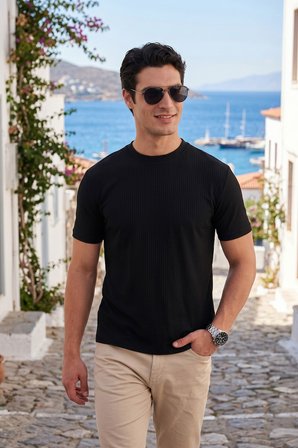 Buratti Regular Fit Çizgili Dokulu Bisiklet Yaka T Shirt Erkek T SHİRT 5904023 SİYAH