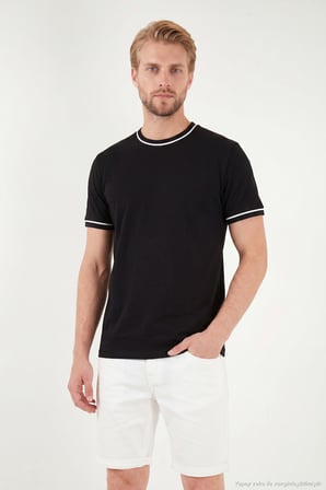 Buratti Pamuklu Bisiklet Yaka Kontrast Şeritli T Shirt Erkek T SHİRT 5904034 SİYAH