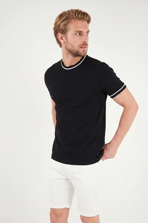 Buratti Pamuklu Bisiklet Yaka Kontrast Şeritli T Shirt Erkek T SHİRT 5904034 SİYAH