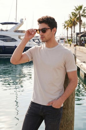 Buratti Pamuklu Bisiklet Yaka Kontrast Şeritli T Shirt Erkek T SHİRT 5904034 TAŞ