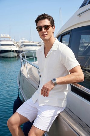 Buratti Pamuk Karışımlı Çizgi Dokulu Regular Fit Kısa Kollu Gömlek Erkek GÖMLEK 5904037 EKRU