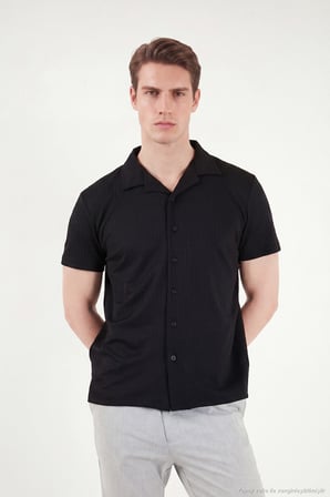 Buratti Pamuk Karışımlı Çizgi Dokulu Regular Fit Kısa Kollu Gömlek Erkek GÖMLEK 5904037 SİYAH
