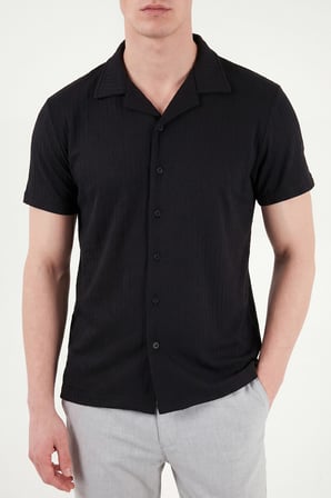 Buratti Pamuk Karışımlı Çizgi Dokulu Regular Fit Kısa Kollu Gömlek Erkek GÖMLEK 5904037 SİYAH