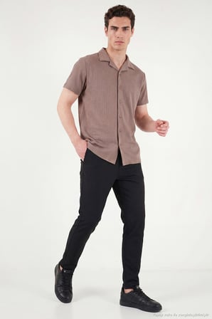 Buratti Pamuk Karışımlı Çizgi Dokulu Regular Fit Kısa Kollu Gömlek Erkek GÖMLEK 5904037 KAHVE