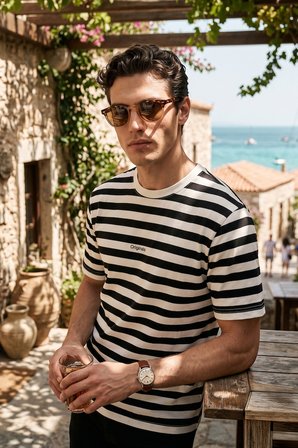 Buratti Çizgili Pamuklu Relaxed Fit Bisiklet Yaka T Shirt Erkek T SHİRT 5904078 SİYAH