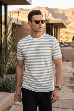 Buratti Çizgili Pamuklu Relaxed Fit Bisiklet Yaka T Shirt Erkek T SHİRT 5904078 ELMA YEŞİLİ