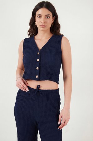 Lela Regular Fit V Yaka Yelek-Pantolon Gofre Takım Bayan TAKIM 5866484 LACİVERT