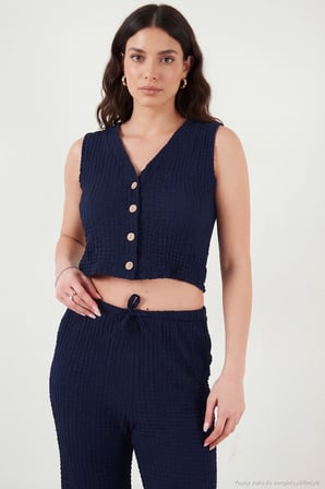 Lela Regular Fit V Yaka Yelek-Pantolon Gofre Takım Bayan TAKIM 5866484 LACİVERT