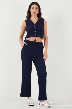 Lela Regular Fit V Yaka Yelek-Pantolon Gofre Takım Bayan TAKIM 5866484 LACİVERT