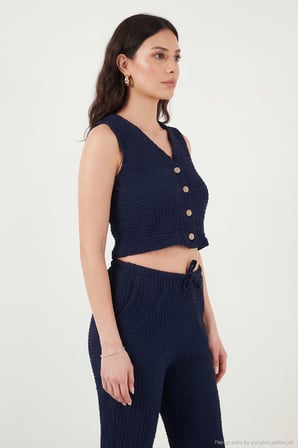 Lela Regular Fit V Yaka Yelek-Pantolon Gofre Takım Bayan TAKIM 5866484 LACİVERT